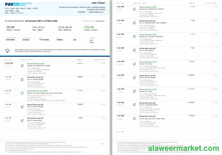 India Paytm Payments bank statement template, Word and PDF format, 2 pages
